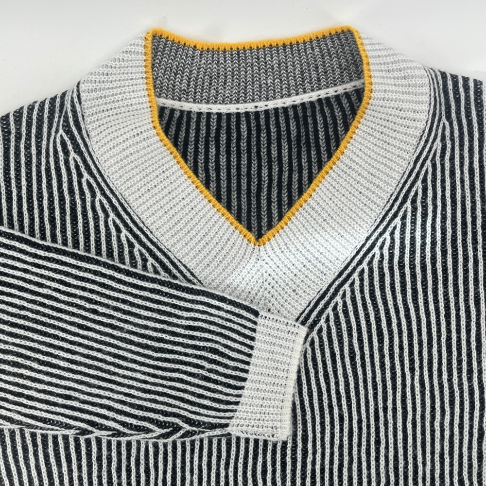 Black White Striped V-Neck Sweater Yellow Trim Acrylic Knit Pullover Size S